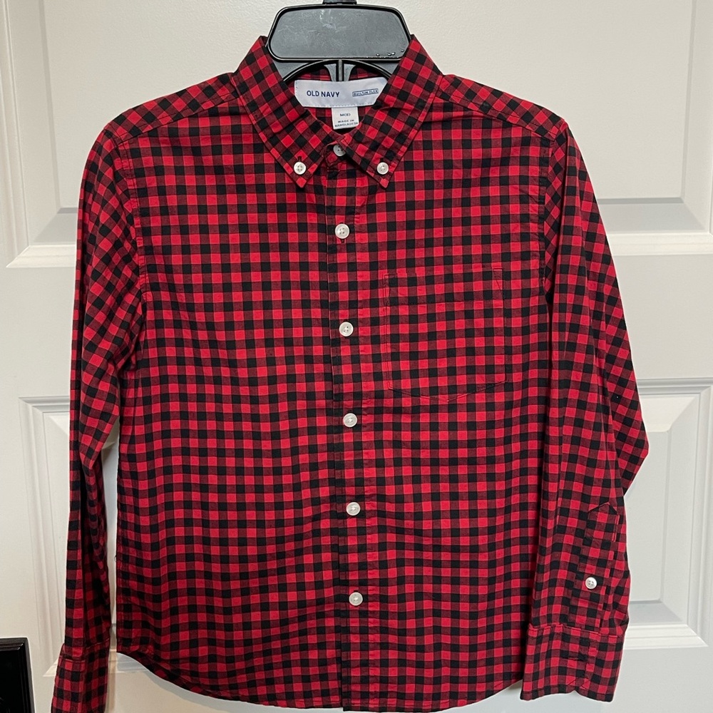 Boys red and black long sleeve button up shirt size 8